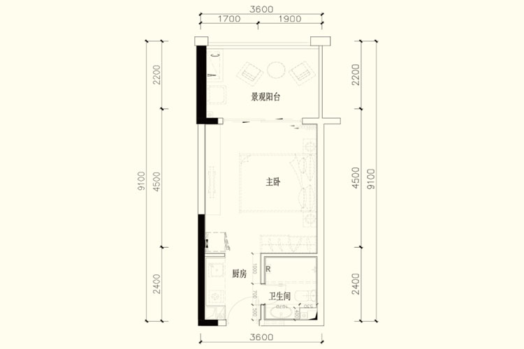 和威月光海岸建面35.89平一房户型图