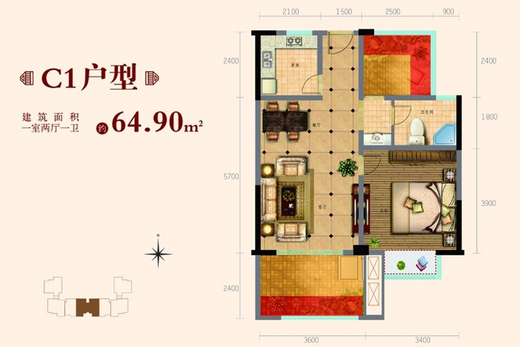 佳丰京艺湾C1户型图-1室2厅--建筑面积64.90㎡