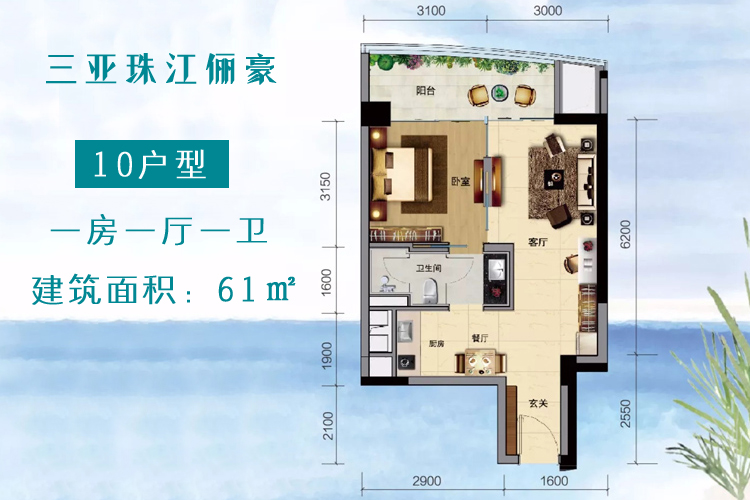 三亚珠江俪豪61平米一房一厅一卫户型图
