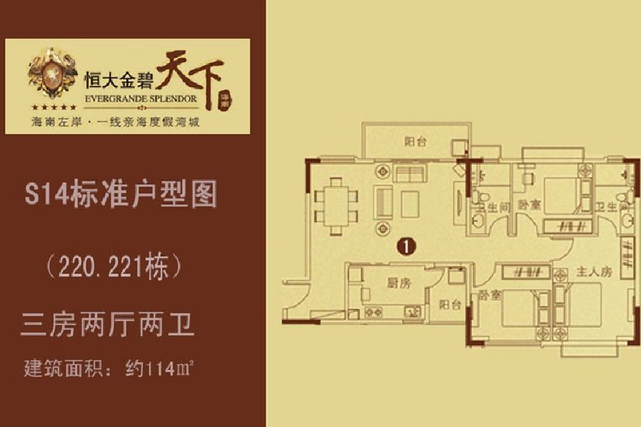 恒大金碧天下（220.221栋）三房两厅1户型：114㎡