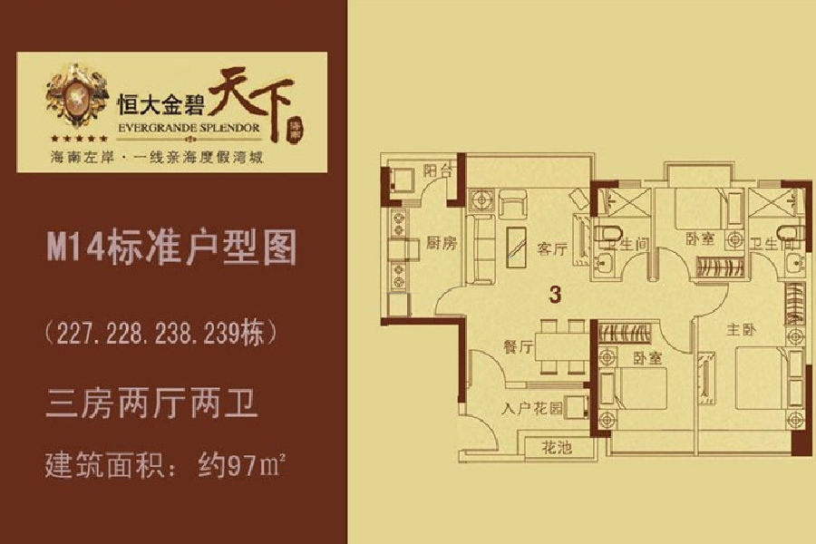恒大金碧天下（227.228.238.239栋）3户型三房两厅：97㎡