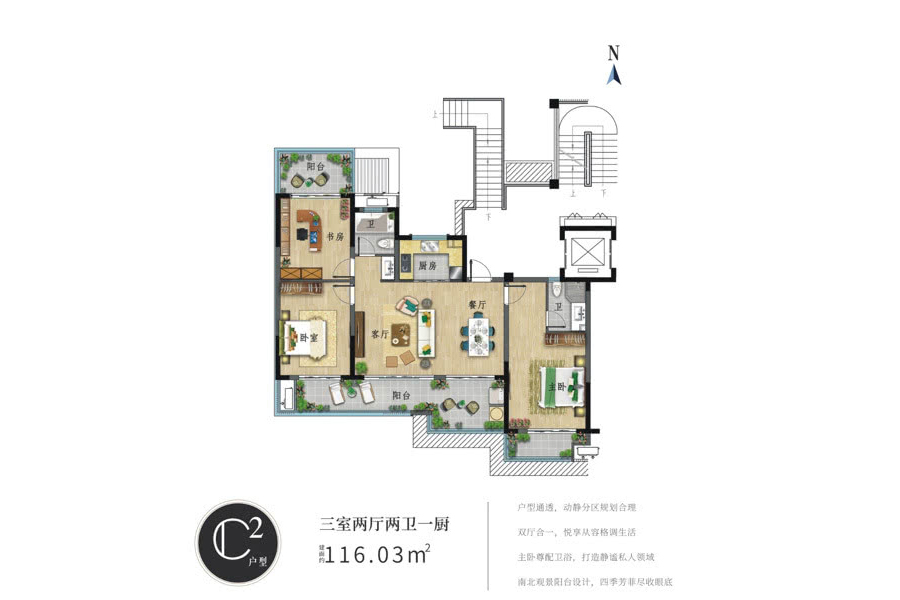 洋房C2户型-建面约116.03平-三房两厅两卫一厨