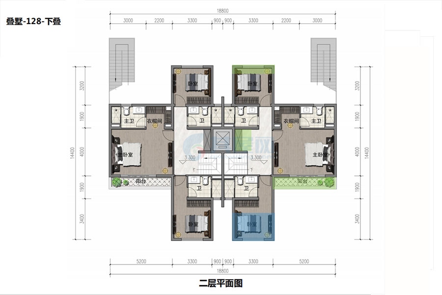 叠墅户型（下叠二层）-建面约128㎡-4室2厅2卫